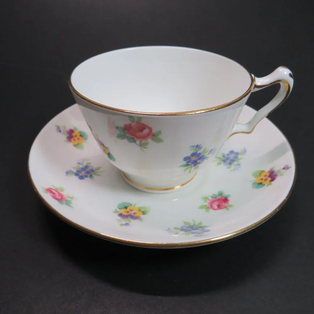 Crown Staffordshire Tea Cup & Saucer fine bone china Rose Pansy Gold Rim